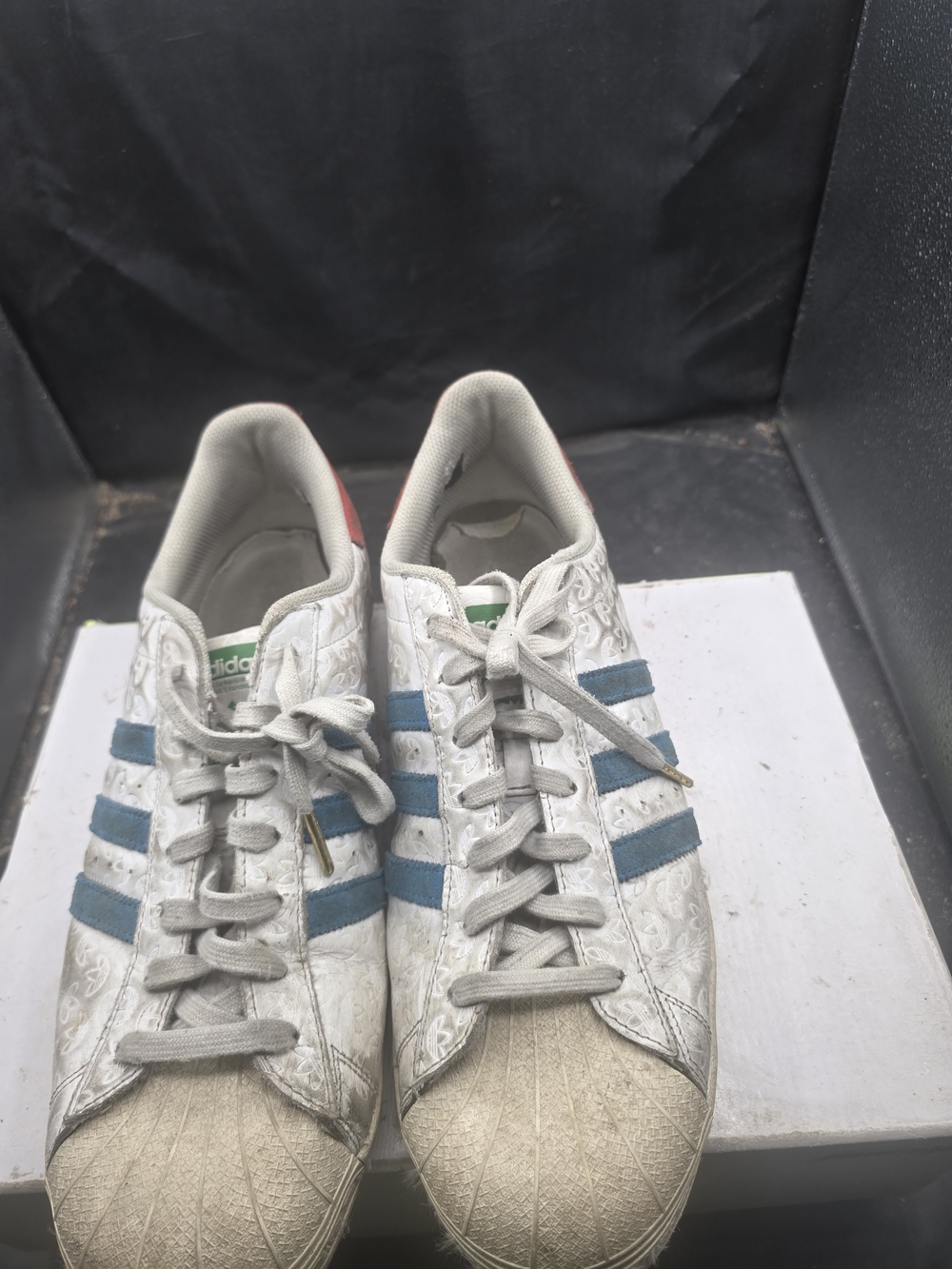adidas Men's White Sneakers with Blue Stripes and Red Heel Tab